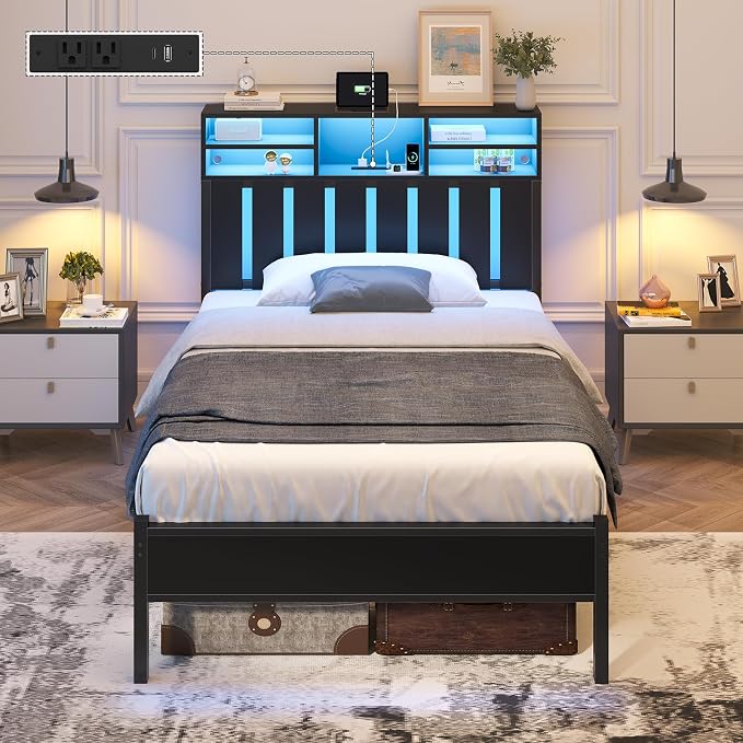 CSZZD Twin Size Bed Frame with Storage Headboard and LED Lights | Twin Bed with Charging Station & Storage Shelves, Black Metal Platform Bed with Under-Bed Storage, No Box Spring Needed