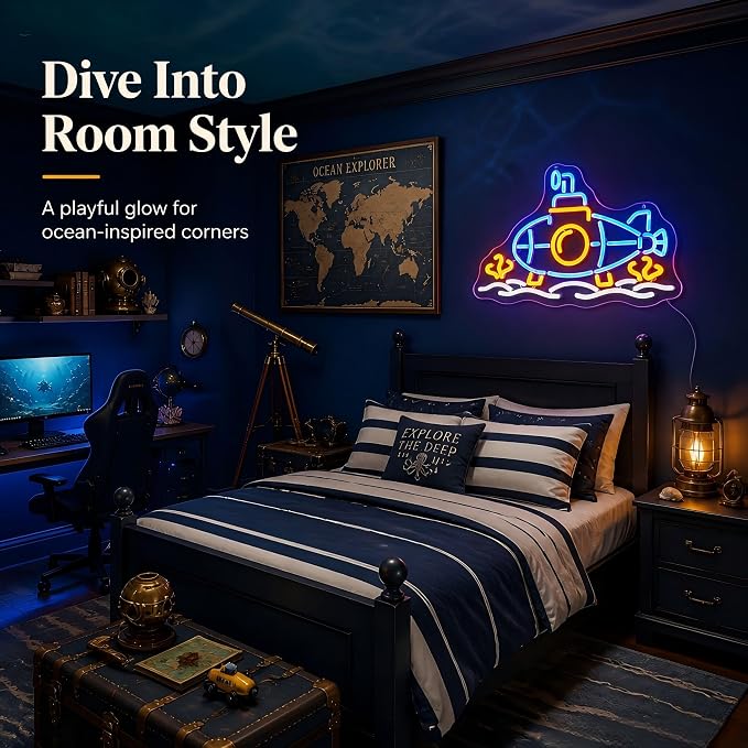 Submarine Neon Sign, RGB Color Changing, 16.5" x 10.7"IN | LED Underwater Sub Light, USB Powered, Wall Decor, Gamer Room Aesthetic, Boys Bedroom & Man Cave