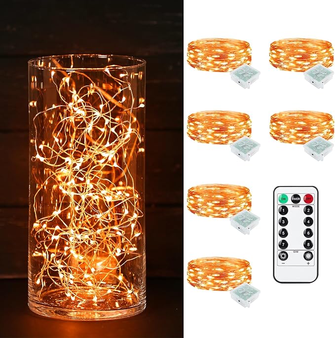 6 Pack Fairy Lights Battery Operated with Remote Timer 8 Lighting Modes,7ft 20 LED Waterproof Mini String Lights for Halloween Christmas Table Centerpieces Bedroom Decorations,Orange