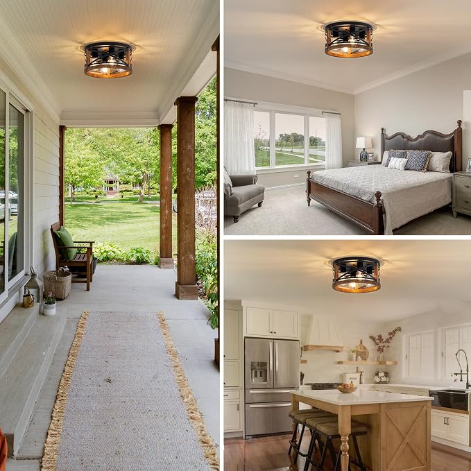 Farmhouse Light Fixtures, 4-Light Round Flush Mount Ceiling Light with Wood and Metal Frame, Black Rustic Ceiling Light for Hallway, Entryway, Bedroom, Kitchen