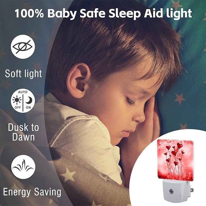Red Hearts Night Light Plug into Wall,Romantic Sweet Heart Dusk to Dawn Night Light Plug in,0.5w Energy Saving Sleep Friendly NightLight for Kids, Ideal Gifts for Birthday Mother's Day