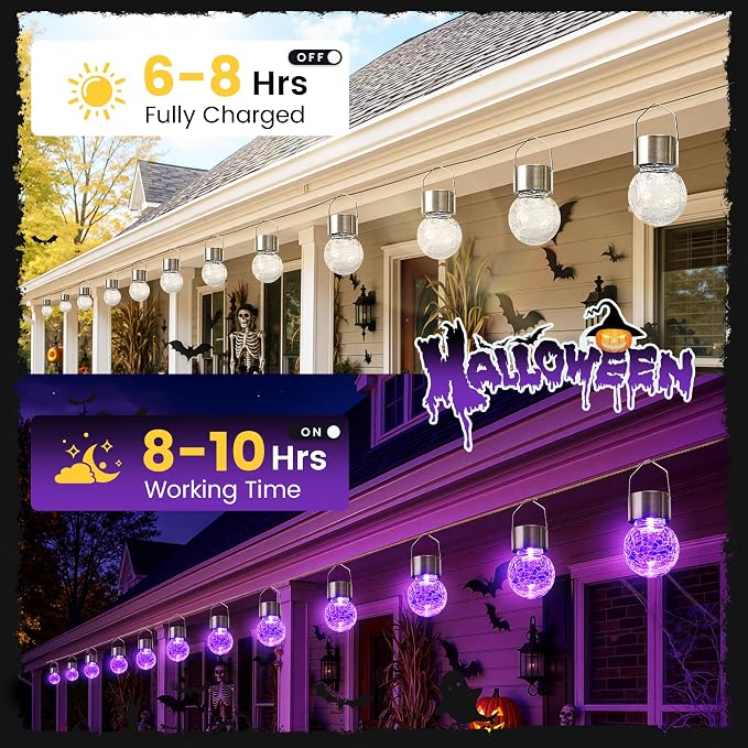 GIGALUMI Halloween Solar Lights Outdoor Solar Hanging Lanterns Outside 12PC | Purple, Halloween, Solar Powered, Waterproof, Decorative, Crackle Glass, Graden&Tree Decoration, Gifts for Women, Ornaments