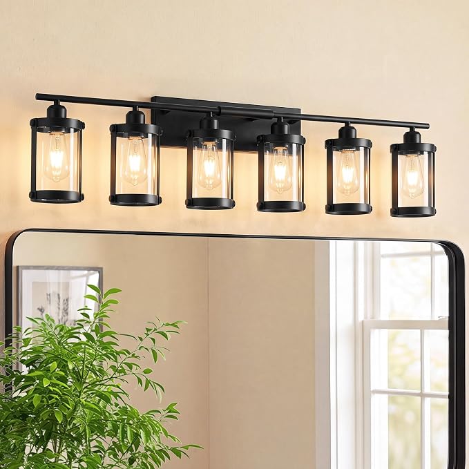 6-Light Matte Black Bathroom Light Fixtures Over Mirror with Clear Glass and Metal Cage Shade, 42" UL-Listed Modern Farmhouse Wall Sconce for Bath, Hardwire E26, OS-3014BK-6W