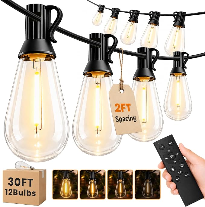 30FT(24+6) Outdoor LED String Lights with 2FT Bulb Spacing, Waterproof, Shatterproof, Dimmable, Warm White, 3 Lighting Modes, Timer, Plug in Hanging Backyard Lights for Outside, Patio