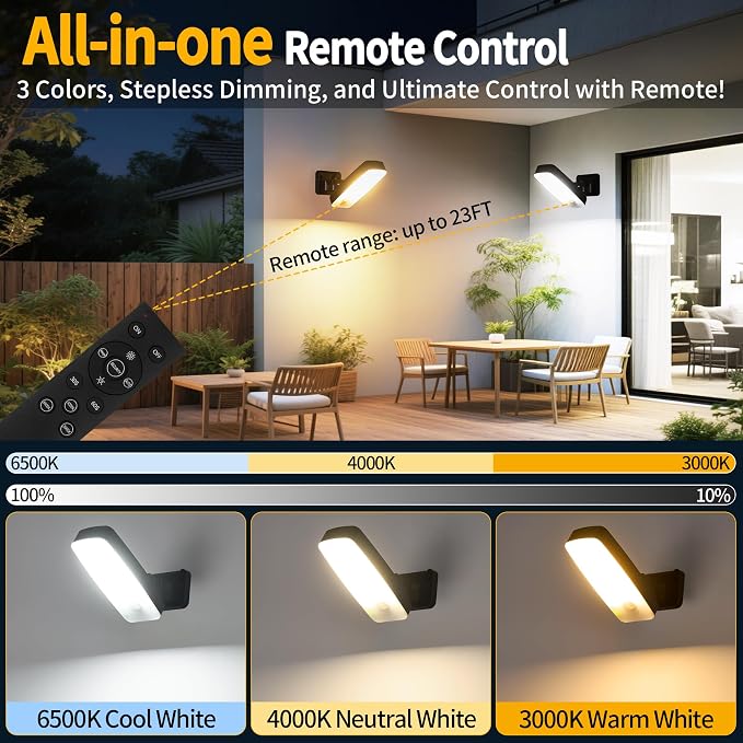 Motion Sensor Outdoor Lights with Remote 10000mAh Rechargeable Battery IP65 | 3 Modes with Red Alert 3000K/4000K/6500K Dimmable Waterproof Outdoor Security Led Light for Backyard Garage Porch, 1 Pack