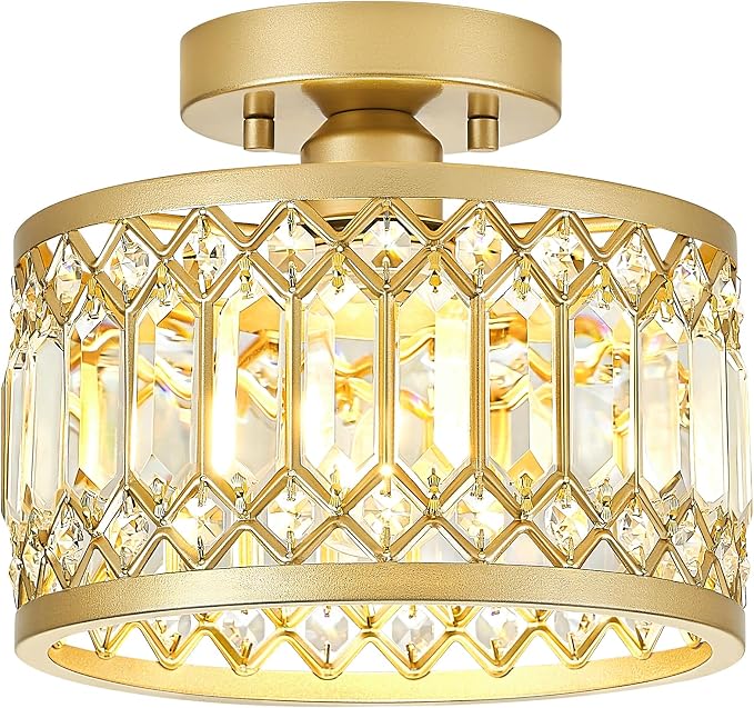 Pevfah Crystal Gold Ceiling Light, 1-Light Semi Flush Light Fixture, 9 Inch | Flush Mount Hallway Chandelier, Small Light Fixture Ceiling Mount, Modern Ceiling Lamp for Entryway Closet, Bulb Not Included