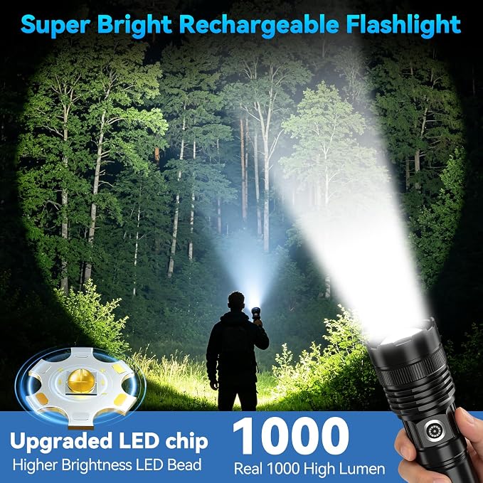 Rechargeable Flashlights High Lumens 2 Pack, Super Bright Tactical Flashlight 3 Modes with Power Display, Waterproof Zoomable LED Flash Light for Home Emergencies Camping Hiking