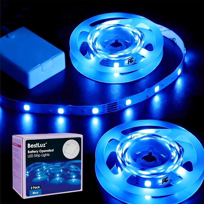 Battery Operated LED Strip Lights 2X 3.33ft Flexible Blue LED Light Strip for Bedroom Room Decor, Battery Powered Lighting for Cabinet Shelf Closet TV Backlight