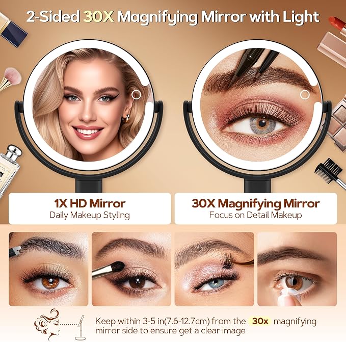 Makeup Mirror with Lights, Lighted Magnifying Mirror 30X with 3 Lighting and Adjustable Brightness, 2-Sided Height Adjustable Vanity Mirror for Bathroom, Gifts for Women Black