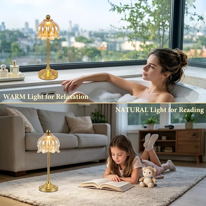 Set of 2 Vintage Cordless Amber Glass Tulip Table Lamps, Accent Light
