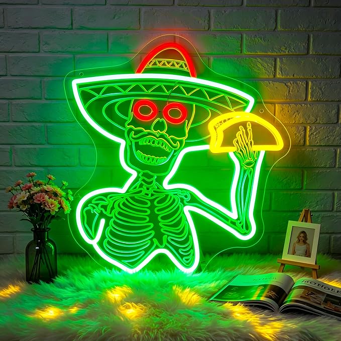 Neon Sign, Tacos Skul Neon Signs for Wall Decor LED Sign Neon Light | Green Skull Neon Sign, Skeleton Taco LED Signs for Mexico Restaurant, Mexican Kitchen, Halloween Decor, Gift, USB Powered