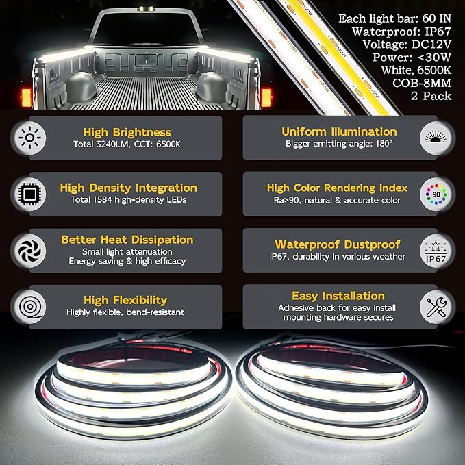 LED Truck Bed Lights, 60 Inches, 2 Pack, COB 1584 LEDs, White 6500K,12V, 30W, IP67, with Switch, 5A Fuse Holder, Easy Install, Ideal for Truck Cargo Lighting, Pickup Truck SUV RV Boat