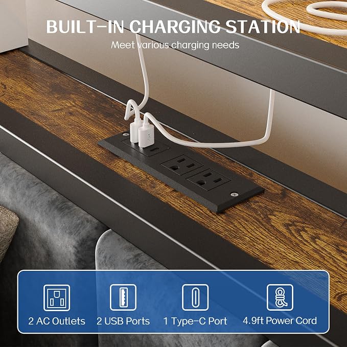 Liians Full Size Bed Frame with LED Lights, Charging Station | Platform Bed with Grey Upholstered Headboard, 2-Tier Storage Shelf, Noise Free, No Box Spring Needed