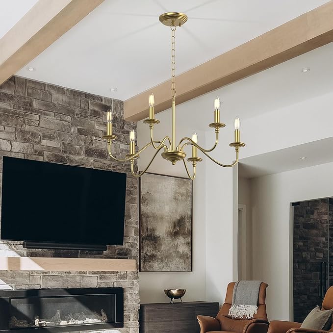 Rustic Farmhouse Candle Chandelier for Dining Room, 6-Light Rustic Black Iron Light Fixture with Classic S-Arm Design for Kitchen Island, Living Room, Foyer-Brass Gold