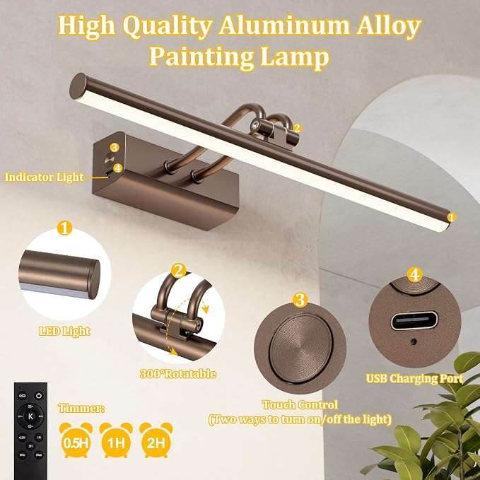 Picture Lights for Wall, 13.8in, Brown, 4000mAh, Rechargeable Remote | Magnetic LED Art Display Light with 3 Color Temperatures for Gallery, Living Room, Bedroom, Hallway, Wireless