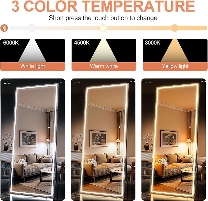 79" x 32" Full Length Mirror with Lights, Large LED Lighted Floor Standing Body Mirror, Dimmable & 3 Color Lighting for Bedroom, Cloakroom, Dressing Room, Tempered Glass, Black Frame