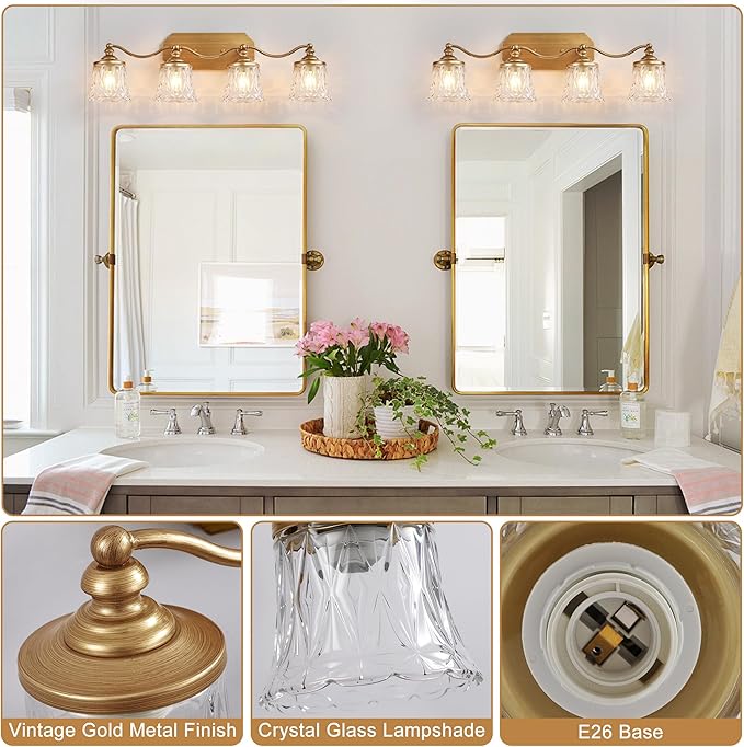maesta Gold Bathroom Light Fixtures, 4 Light Bathroom Vanity Light, Matte Antique Gold Finish with Crystal Glass Shade, Gold Vintage Vanity Light for Bathroom, Living Room, Bedroom, Hallway