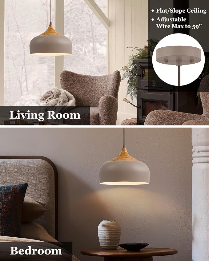 ELYONA 12" Japandi Pendant Light, Farmhouse Pendant Light Fixture with Faux Pine Wood Grain Metal Shade, Adjustable Hanging Light for Kitchen Island Dining Room Bedroom Sloped Ceiling, Caramel Brown