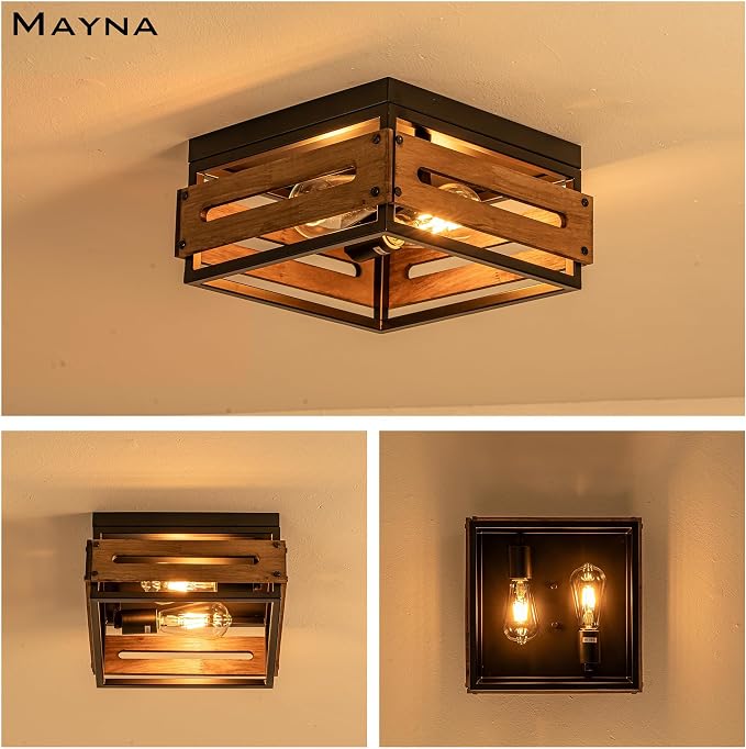 MAYNA Farmhouse Ceiling Light, 2-Light Rustic Flush Mount Ceiling Light with Metal and Wood, Farmhouse Hallway Light Fixtures for Kitchen Entryway Bedroom Dining Room