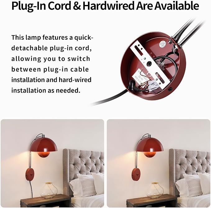 COSYLUX Mid-Century Modern Bud Plug in Wall Sconces, Rust Red | Indirect lighting reading wall lamp, all-metal construction, plug-in or hardwired install, fits bedroom bedside, living room