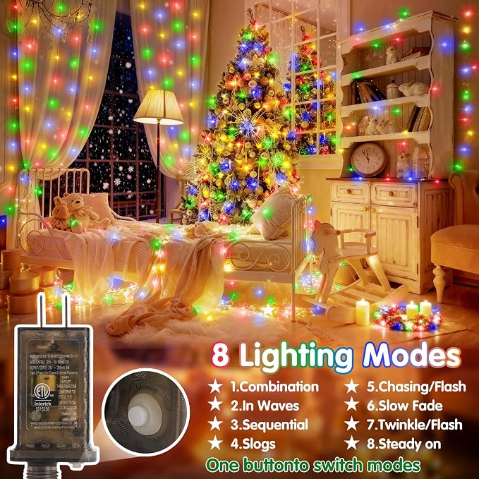 KNONEW 100FT 300 LED Outdoor Fairy Lights Plug in, Christmas Fairy Lights Outdoor Waterproof 8 Modes Memory Times for Wedding Bedroom Walls Garden Trees Decoration(Multicolor)