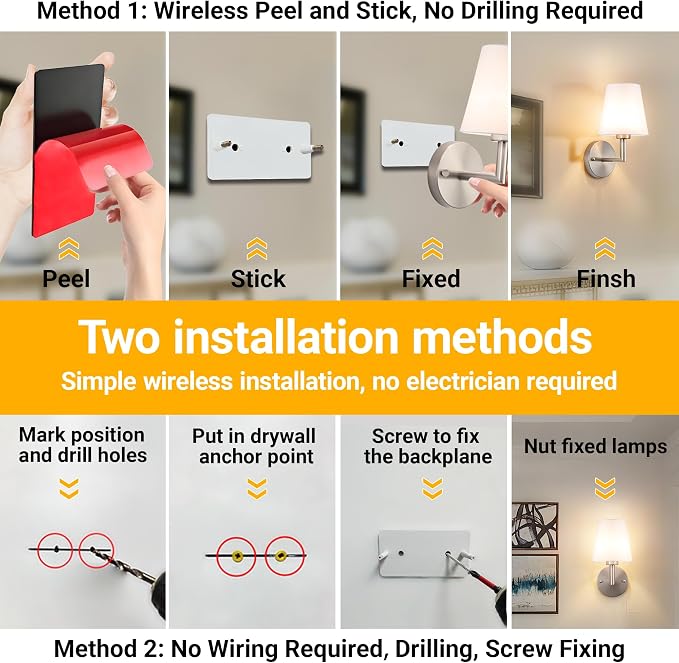 Vimhou Peel and Stick Wall Sconces, Stick On Wall Sconce Set of 2, Battery Operated Wireless Wall Light, No Drill Adhesive Wall Lamp, Corn Bulb with 10000mAh Rechargeable Battery, Bedroom Wall Decor