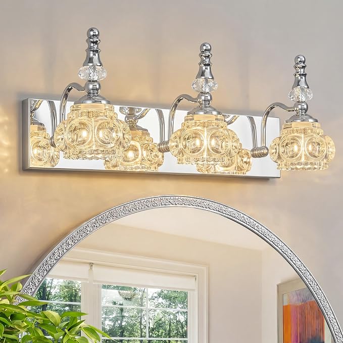 3-Light Vintage Bathroom Vanity Light Fixture Industrial Chrome with Glass Shade Vanity Light Fixtures Over Mirror Glass Bathroom Vanity Lighting Fixtures G9 Bulb Wall Lights
