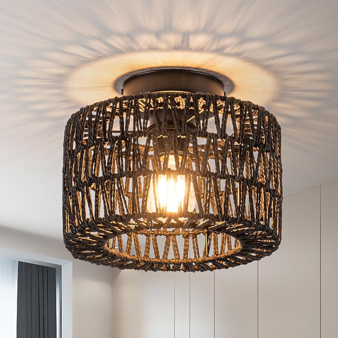Rattan Ceiling Light, Black Flush Mount Ceiling Light, Boho Light Fixture for Bedroom Kitchen Hallway Entryway, 1 Light
