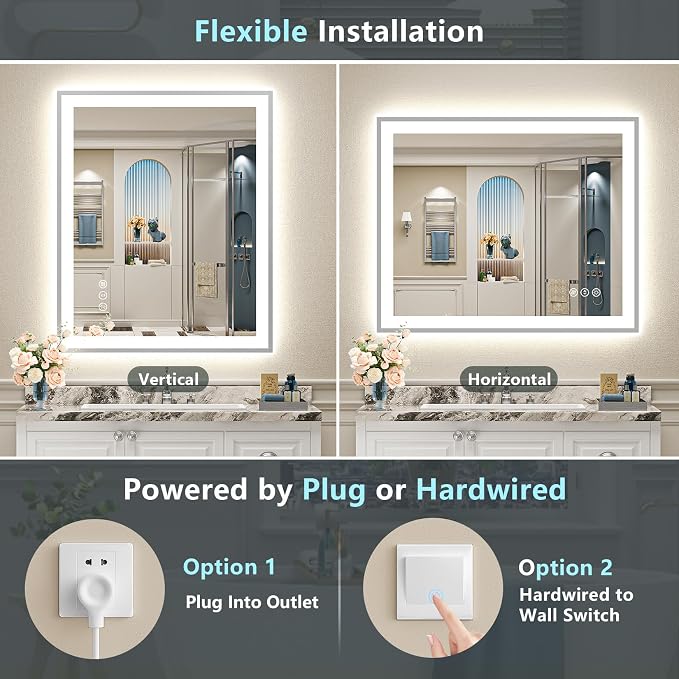 44x30 Inch Brushed Nickel LED Bathroom Mirror, Backlit & Front Lit | Silver Framed Anti-Fog Lighted Vanity Mirror with Lights, 3 Color Dimmable, Memory, HD Tempered Glass, CRI95, IP54, UL Listed