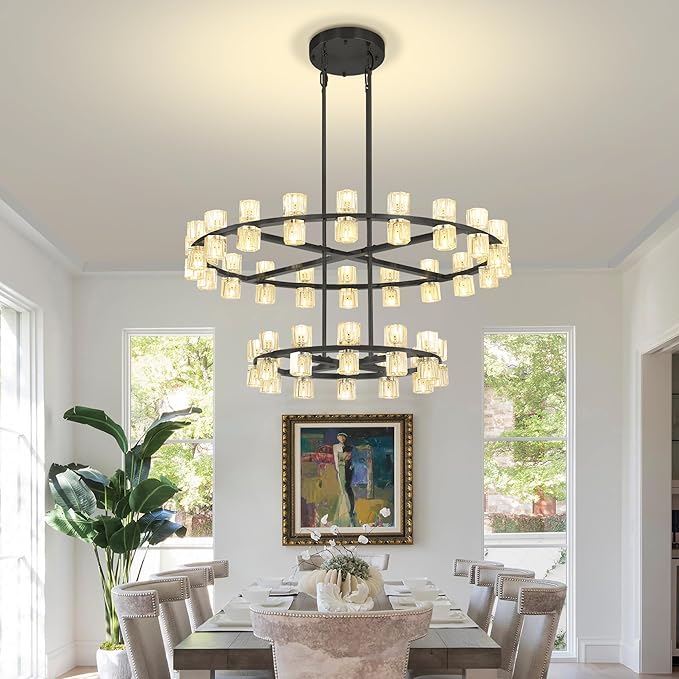 D32''+D40'' Large Black Wagon Wheel Chandelier 72-Lights Black Round Chandeliers Glass Chandeliers for Dining Room,Living Room Vintage Chandelier
