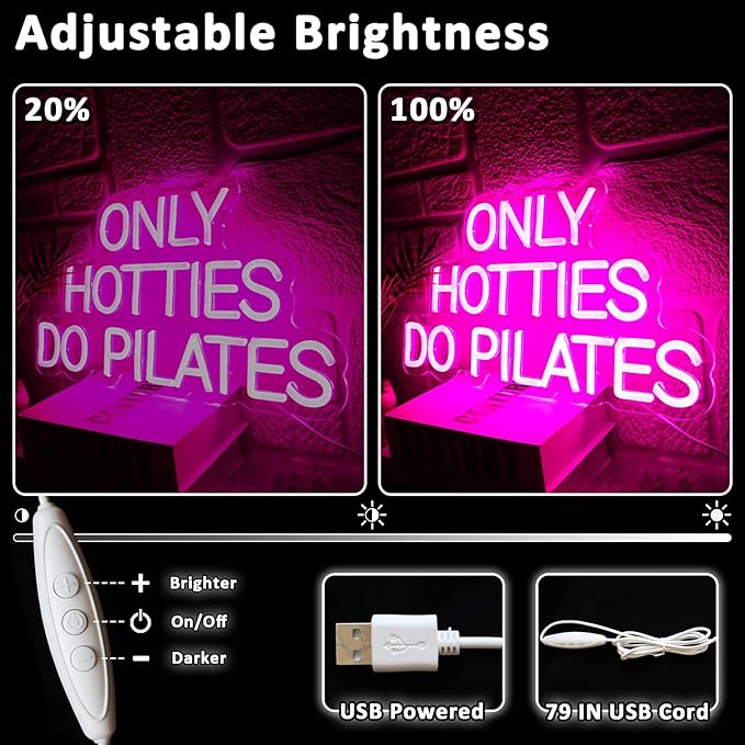 Only Hotties Do Pilates Neon Sign for Wall Decor Dimmable Pink Led Sign for Pilates Studio, Gym Neon Light for Sport Club Yoga Meditation Studio Party Business Wall Art