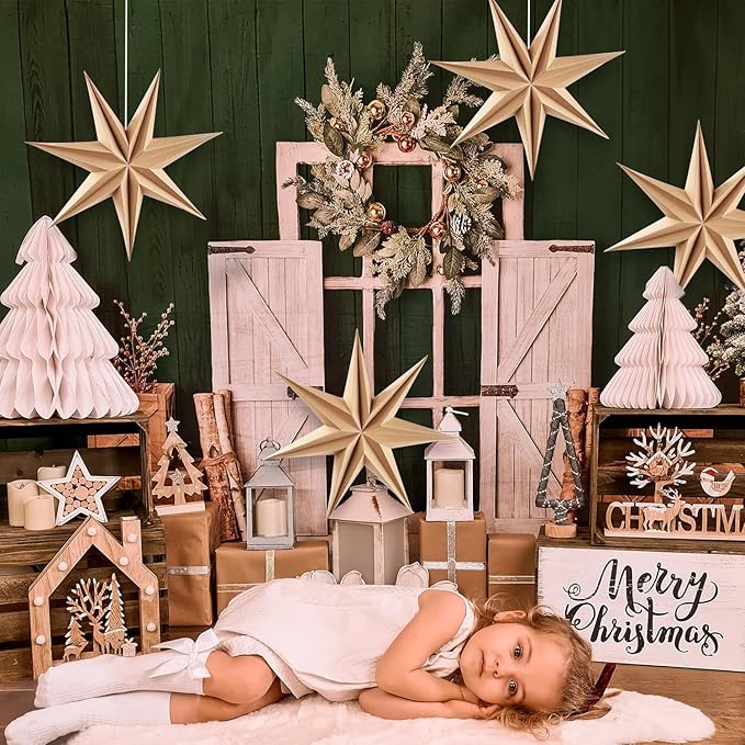 SUNBEAUTY 3 Pcs 7-Pointed Natural Paper Star Lanterns 12 Inch Christmas Hanging Lamp Rustic Paper Decorations Shade Wedding Birthday Christmas Home Party Decorations