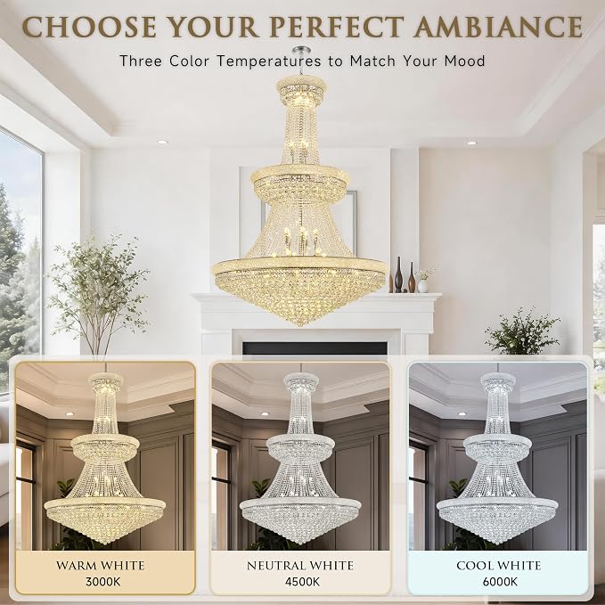 42-Lights Large Crystal Chandelier 48-Inch Modern Light Fixture - High Ceiling Foyer Lighting Fixtures Ceiling Empire Chandelier - Entryway, Dining Room, LED Chandelier 42 Bulbs Included, Silver
