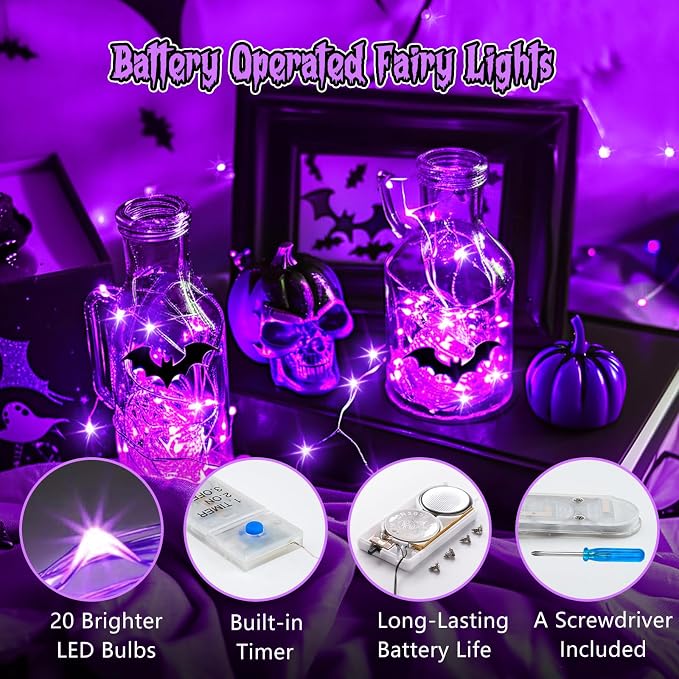 Minetom 6 Pack Purple Fairy Lights for Halloween Decor | 7ft 20 LED, Waterproof Battery Firefly Lights for Halloween Decor, Pumpkin DIY Craft, Paper Lantern Decor