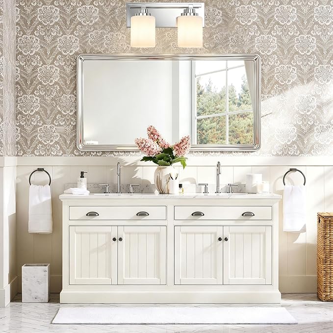Modern Bathroom Lighting Fixtures Over Mirror, Vanity Lights for Bathroom, Wall Sconces with Milky White Glass Shades, E26 Ceramic Socket, 2-Light 14-inch Chrome