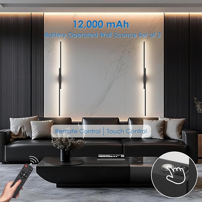 Aipsun Black Wall Sconces Set of Two Battery Operated Wall Sconces 3000K-6000K Dimmable LED Wireless Wall Lights for Living Room,Bedroom,12,000mAh,39.4Inch (2 Pack)