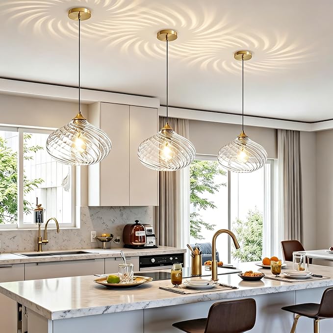 11in Gold Pendant Lights Kitchen Island with Clear Glass Shade 1Pack | Handcrafted Glass Pendant Light Fixtures, UL Certified, E26 Base 100W Max, Height-Adjustable, Dimmable Hanging Pendant Light