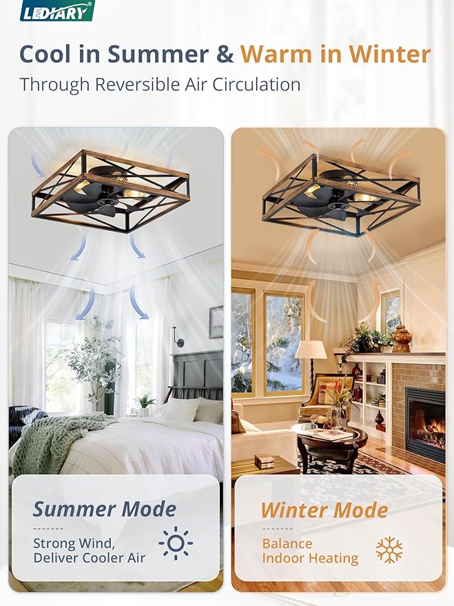 LEDIARY 23” Caged Low Profile Ceiling Fans with Lights and Remote, Rustic Square Flush Mount Ceiling Fan, 6 Speed and Reversible, Small Farmhouse Bladeless Ceiling Fan for Bedroom, Kitchen,Dining Room