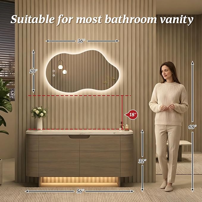 Irregular Backlit Mirror with Lights 20"x36" Asymmetrical Cloud Mirror Led Bathroom Vanity Mirror for Wall Abstract (Horizontal/Vertical)