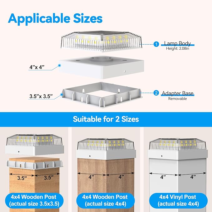 Solar Post Cap Lights for 4x4 Wood/Vinyl Fence Posts, 12-Pack | 4x4 Post Solar Lights, IP65 Waterproof, 10-12 Hours of Illumination with 3 Lighting Modes for Garden/Patio/Porch, White