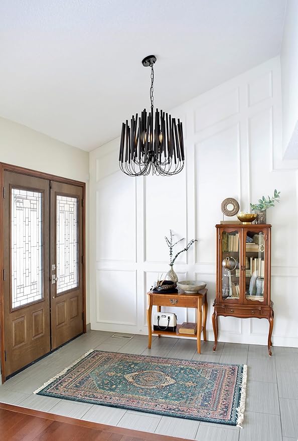 TOCHIC Modern Farmhouse Chandelier for Dining Room 18", Small Vintage Black Wood Chandeliers Light for Living Room, Rustic Pendant Lighting Fixture Ceiling Hanging for Foyer Bedroom Entryway