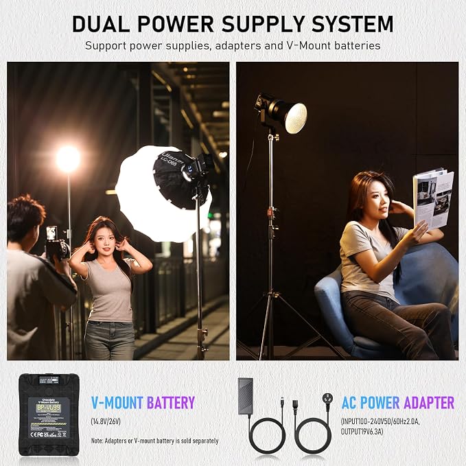 ULANZI 120W Bi-Color LED Video Light, 2700K-6500K 20700 lux/m COB Bowens Mount Photography Studio Light Continuous Output Lighting with APP Control, Adapter and V-Mount for Battery Powered, 6 Effects