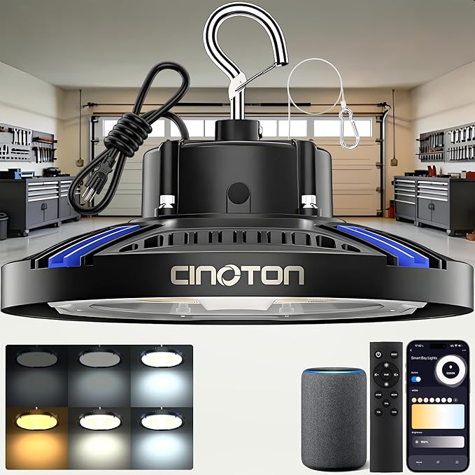 CINOTON Smart UFO LED High Bay Light 150W 21000lm, 2700K-6500K 1-100% Brightness Stepless Dimm Aluminum Shop Lights, ETL Listed Lighting for Garage Factory, APP/Alexa/Remote Control, 120-277V, 1 Pack