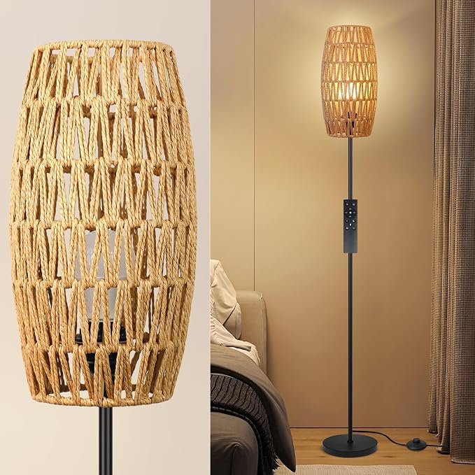 Ruiever Floor Lamp for Living Room,Farmhouse Floor lamp,Modern Standing lamp with Hand-Worked Rattan Shade (Drum Shade-with Remote)