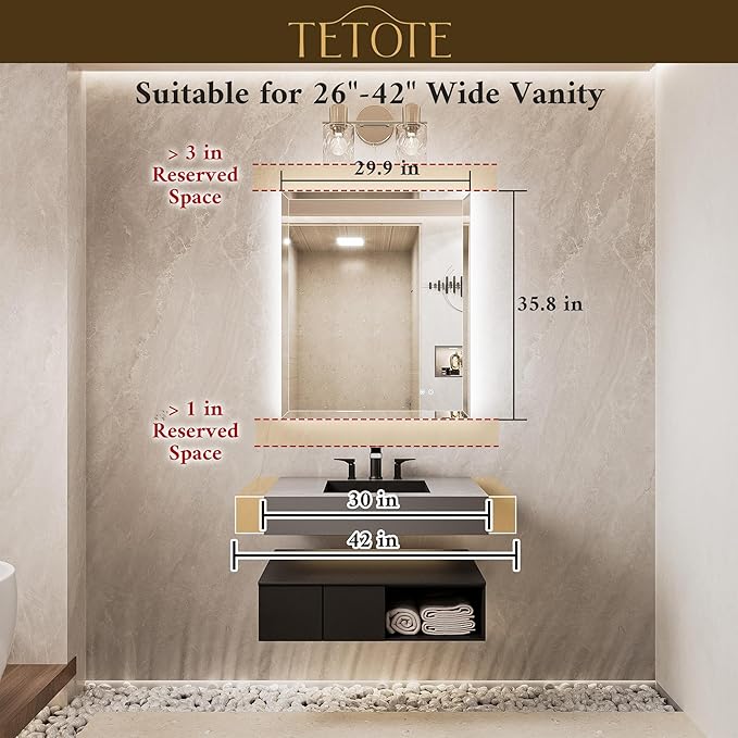 TETOTE 30 x 36 Backlit Mirror Bathroom, LED Vanity Mirror with Beveled Edge, Tempered Glass, 3 Colors Lights, Anti-Fog, Adjustable Brightness, Memory Function, Frameless LED Vanity Wall Mirror