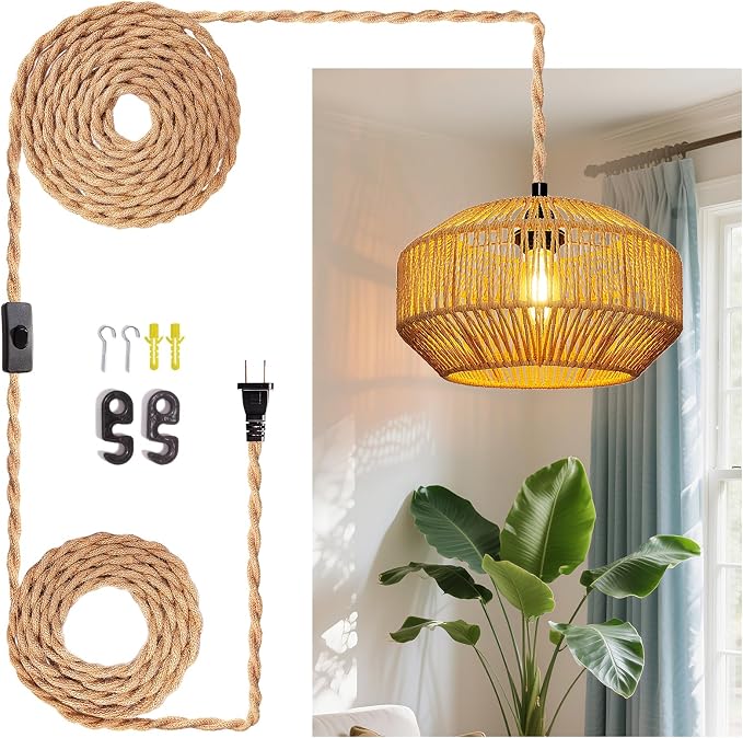 Hanging Light Ceiling Lamp Pendant Lights Rattan Hanging Lamp with Plug in Cord for Living Room Bedroom Kitchen Indoor Hanging Lamp Plug in Woven Lampshade