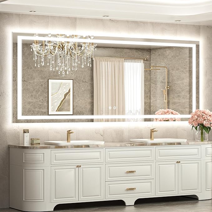 72 x 32 LED Bathroom Mirror, Brighter Lighted Bathroom Vanity Mirror with LED Lights, Light up Front and Backlit 3-Color Dimmable Anti Fog Illuminated Mirror, Waterproof, Shatterproof