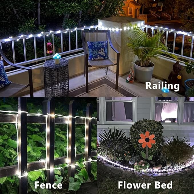 YEGUO Solar Rope Light Outdoor Waterproof, 66ft 200 LED White String Lights, 8 Modes Tube Christmas Lights in Clear Thin Tube