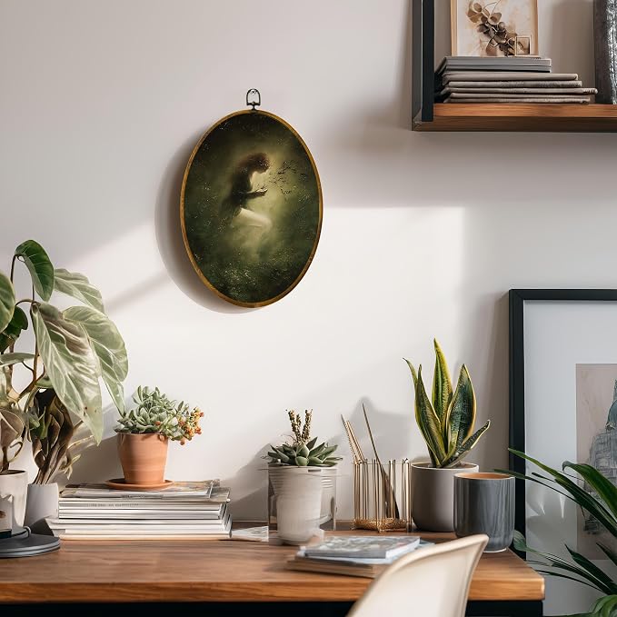 zewepri Forest Nymph Dark Academia Oval Canvas Art | 8.5x11.5 in oval framed canvas with ethereal forest nymph and twigs, mystical vintage decor for bedroom or living room.