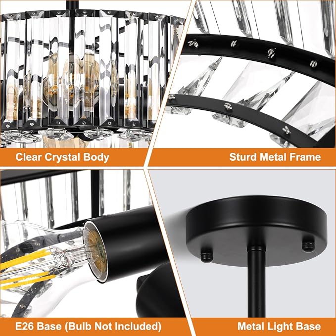 FRIDEKO HOME Semi Flush Mount Ceiling Light - Small Crystal Chandelier Hallway Black Metal Cage Modern Light Fixture for Entryway Bedroom Porch Kitchen (9-Black-4 Light-1pcs-14.56 inch)